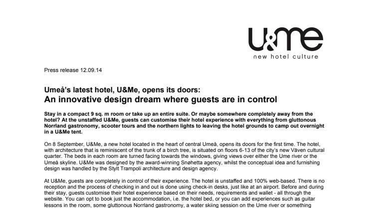 Umeå’s latest hotel, U&Me, opens its doors: An innovative design dream where guests are in control 