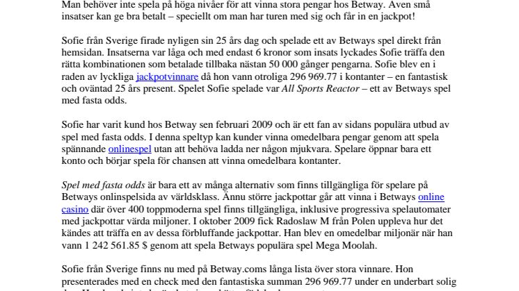 Jackpotvinnare hos Betway! 