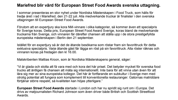 Mariefred blir värd för European Street Food Awards svenska uttagning.