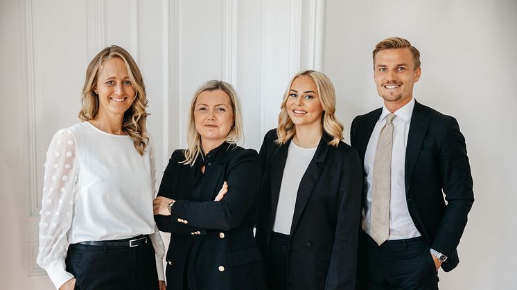 Mäklarteamet i Göteborg växer. Från vänster: Maria Willford, Sarah Gustafsson, Linnéa Gröndal och Jesper Rindmo.