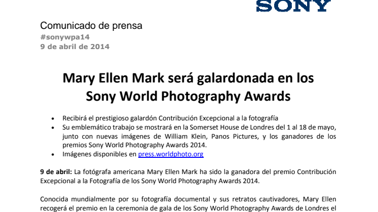 Mary Ellen Mark será galardonada en los Sony World Photography Awards