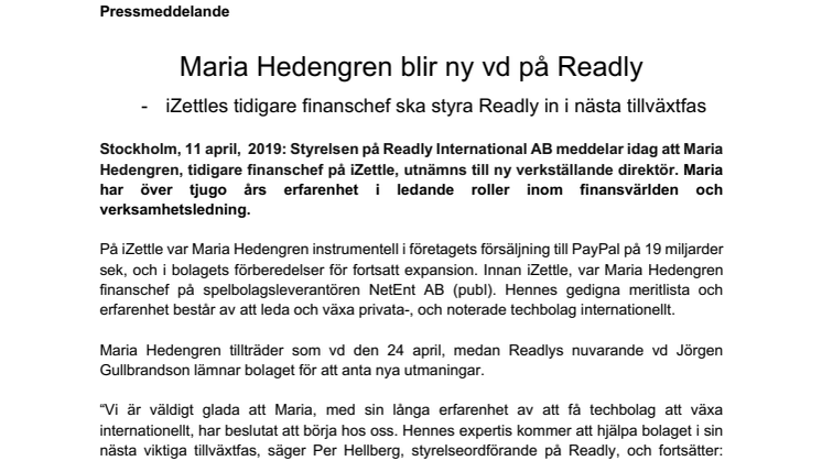 Maria Hedengren blir ny vd på Readly 