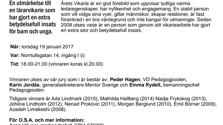 Pressinbjudan - Årets Vikarie 2016