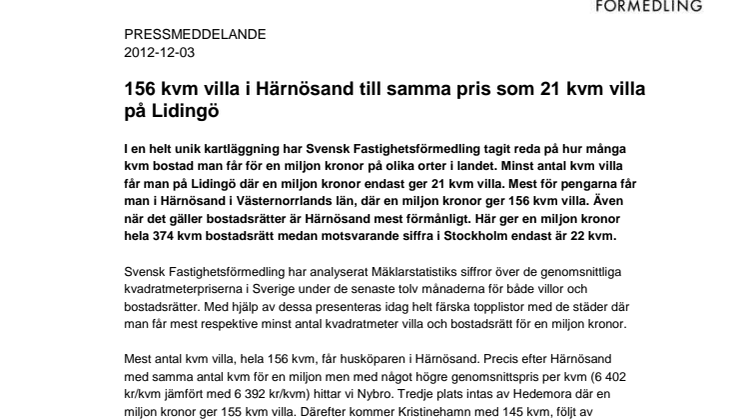 Pressmeddelande: 156 kvm villa i Härnösand till samma pris som 21 kvm villa på Lidingö