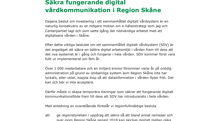 Motion - Säkra fungerande digital vårdkommunikation i Region Skåne
