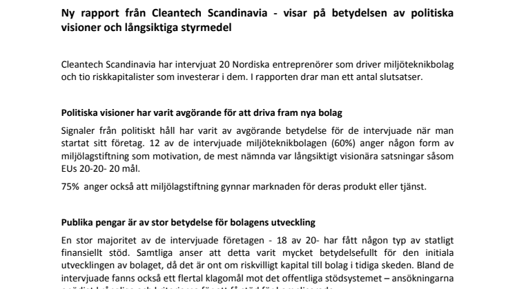 Ny rapport från Cleantech Scandinavia - visar på betydelsen av politiska visioner och långsiktiga styrmedel