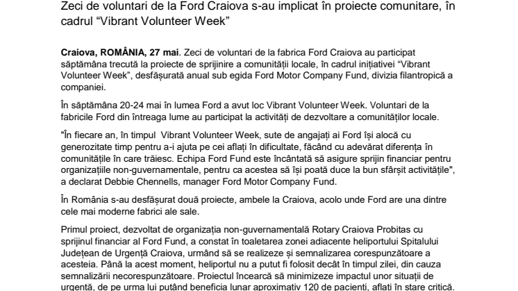 Zeci de voluntari de la Ford Craiova s-au implicat în proiecte comunitare, în cadrul “Vibrant Volunteer Week”