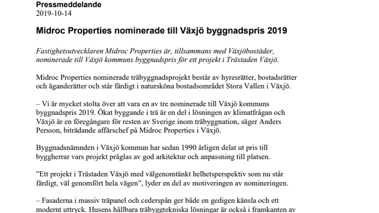 Midroc Properties nominerade till Växjö byggnadspris 2019