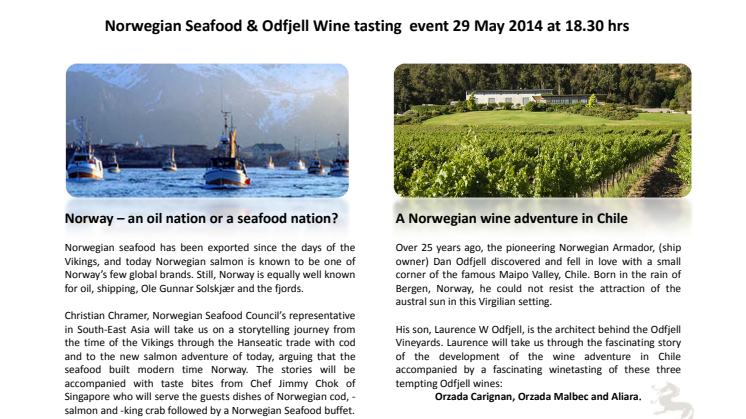 Norwegian fish and Odfjell wine tasting evening event 29 May 2014 18.30 at The American Club