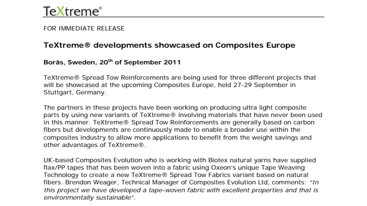 TeXtreme® developments showcased on Composites Europe