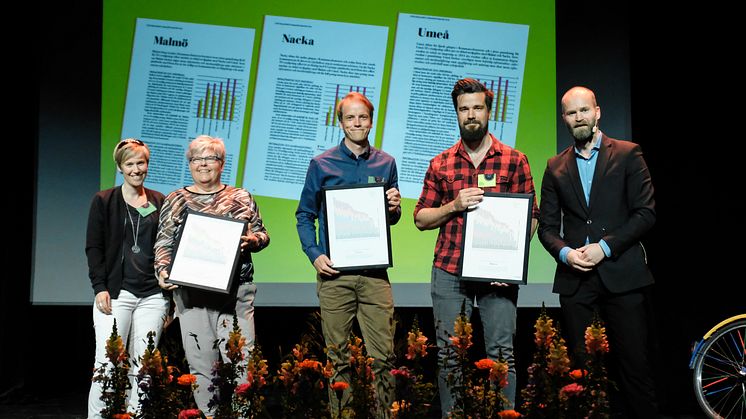 Umeå kom på delad tredjeplats tillsammans med Malmö och Nacka. Från vänster Katarina Bergström och Christina Bernhardsson, Umeå kommun, Kristofer Rogers, Nacka kommun, Jesper Nordlund, Malmö stad samt Cykelfrämjandets ordförande Lars Strömgren.