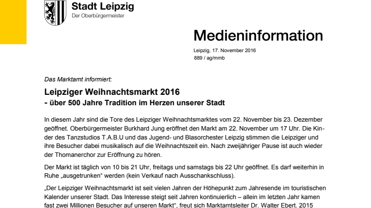 Pressemitteilung vom Marktamt Leipzig: Weihnachtsmarkt 2016