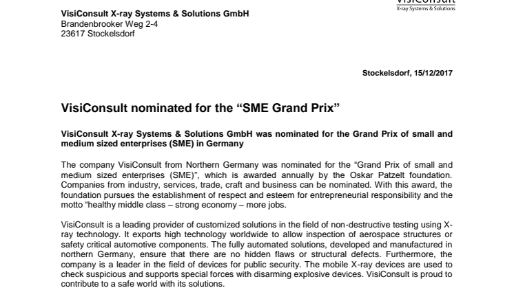 VisiConsult nominated for the “SME Grand Prix”
