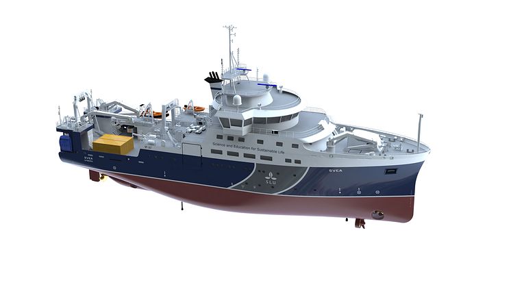 Illustration av Svea, Sveriges nya oceangående undersöknings- och forskningsfartyg, som just nu byggs på ett varv i Spanien. Illustration: Skipsteknisk