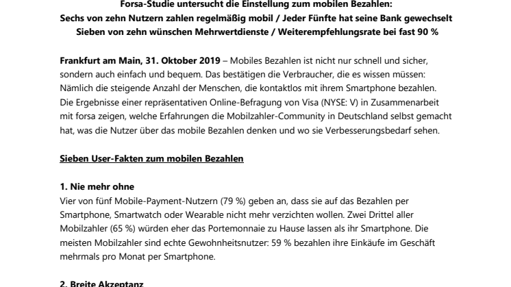 Visa Mobile Payment Monitor 2019: Sieben Fakten über deutsche Mobilzahler und ihr Bezahlverhalten 