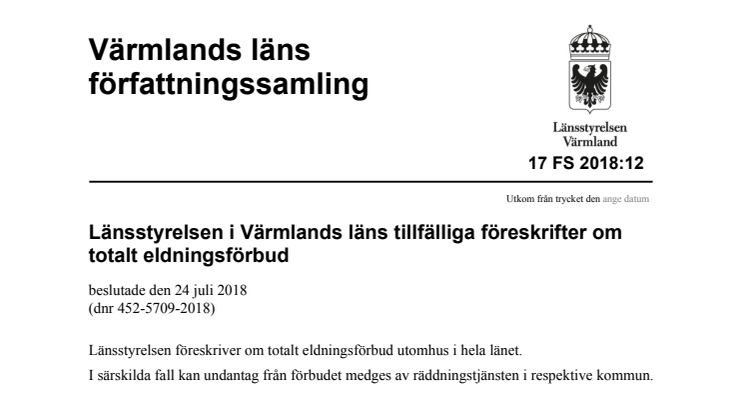 Föreskrift om totalt eldningsförbud i Värmlands län