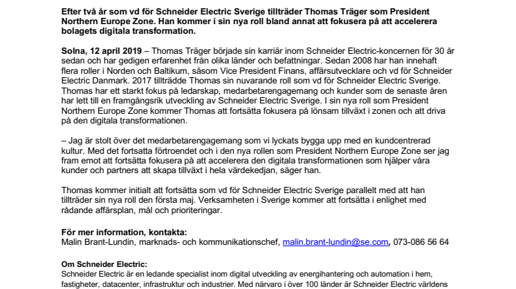 Schneider Electrics svenska vd tillträder ny roll med ansvar för norra Europa 