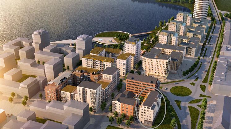 Den aktuella fastigheten (inringad) byggs just nu vid Torparondellen i stadsdelen Munksjöstaden i Jönköping.