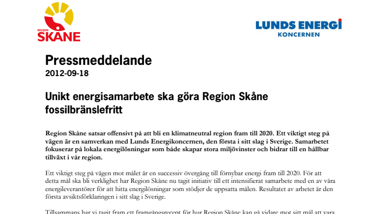 Unikt energisamarbete ska göra Region Skåne fossilbränslefritt
