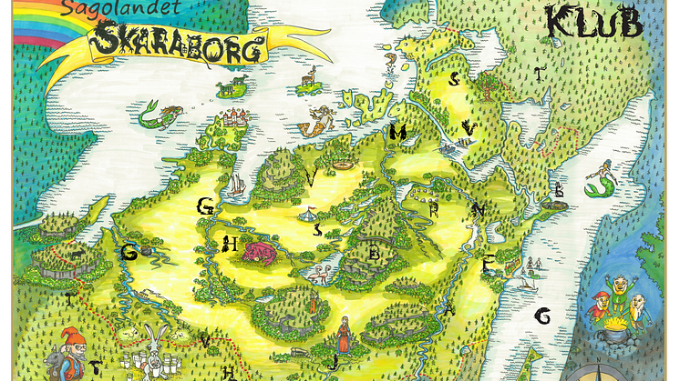 Den här kartan över Sagolandet Skaraborg kommer att finnas i KLUBs monter på Bokmässan. Bokstavsfigurerna går att skanna och finns ungefär på de platser där de förekommer i böckerna. 