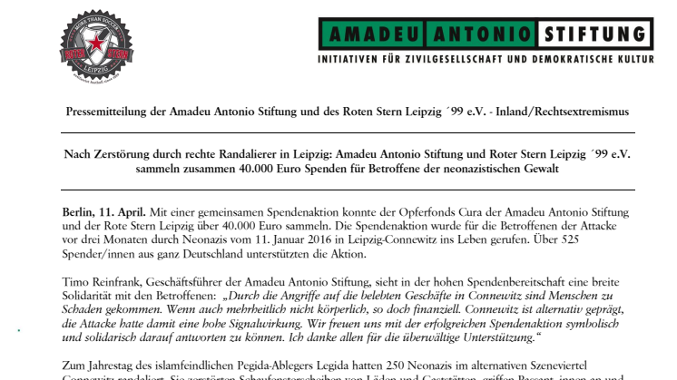 Nach Zerstörung durch rechte Randalierer in Leipzig: Amadeu Antonio Stiftung und Roter Stern Leipzig ´99 e.V. sammeln zusammen 40.000 Euro Spenden für Betroffene der neonazistischen Gewalt