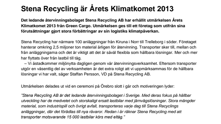 Stena Recycling är Årets Klimatkomet 2013
