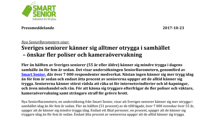 Nya SeniorBarometern visar: Sveriges seniorer känner sig alltmer otrygga i samhället  – önskar fler poliser och kameraövervakning