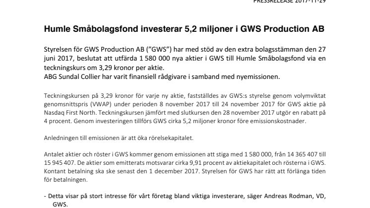 Humle Småbolagsfond investerar 5,2 miljoner i GWS Production AB