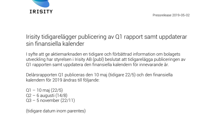 Irisity tidigarelägger publicering av Q1 rapport samt uppdaterar sin finansiella kalender