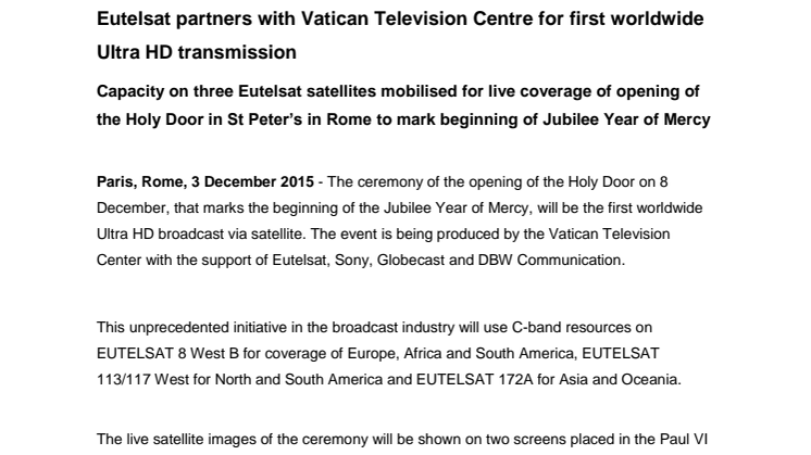 Eutelsat partners with Vatican Television Centre for first worldwide  Ultra HD transmission 