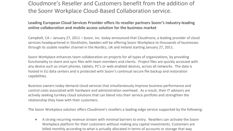 Cloudmore’s Reseller and Customers benefit from the addition of the Soonr Workplace Cloud-Based Collaboration service.