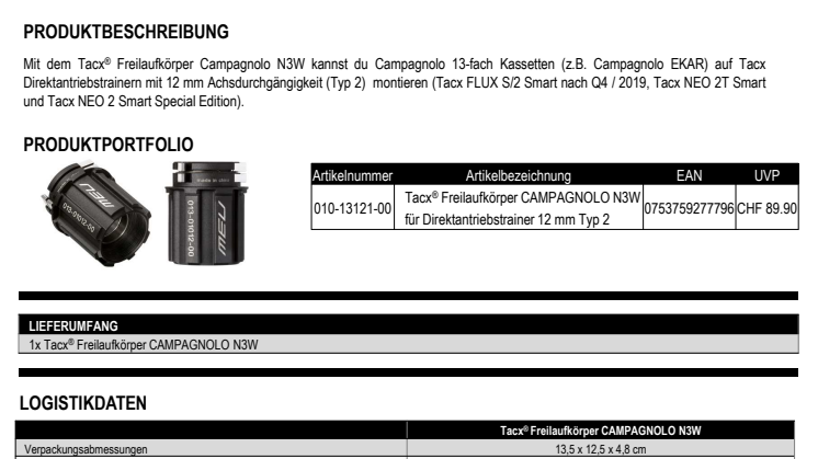 Datenblatt Garmin CH TACX Freilaufkörper Campagnolo N3W