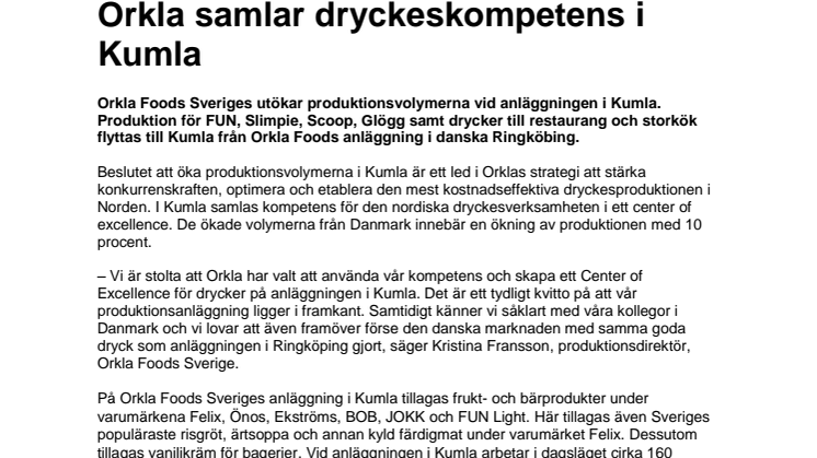 Orkla Foods Sveriges utökar produktionsvolymerna vid anläggningen i Kumla