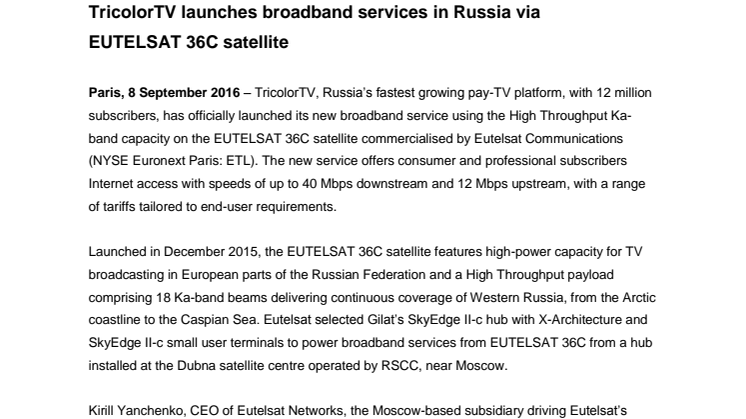 TricolorTV launches broadband services in Russia via EUTELSAT 36C satellite