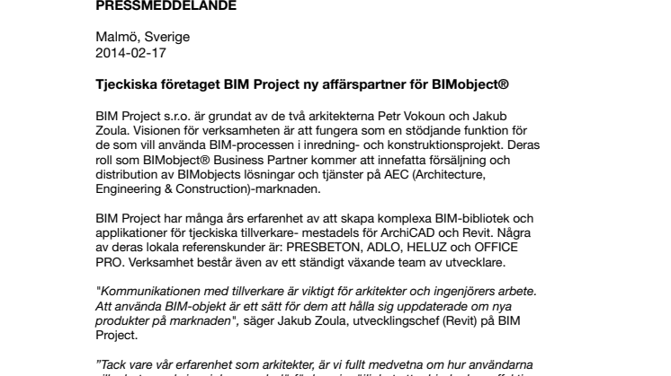 Tjeckiska företaget BIM Project ny affärspartner för BIMobject®