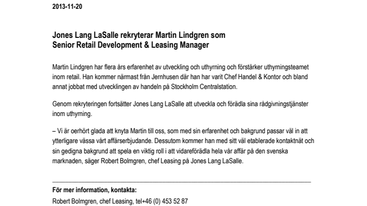 Jones Lang LaSalle rekryterar Martin Lindgren som  Senior Retail Development & Leasing Manager