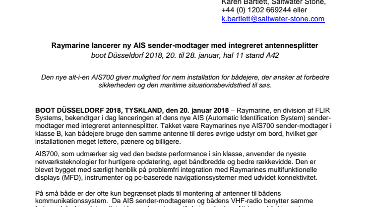 Raymarine - boot Düsseldorf : Raymarine lancerer ny AIS sender-modtager med integreret antennesplitter