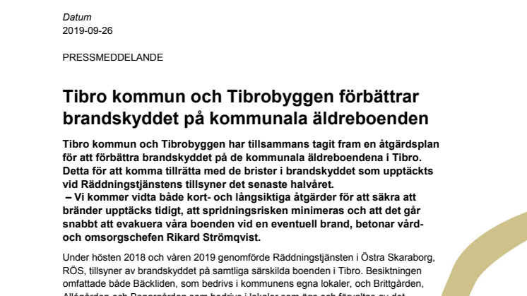 Tibro kommun och Tibrobyggen förbättrar brandskyddet på kommunala äldreboenden
