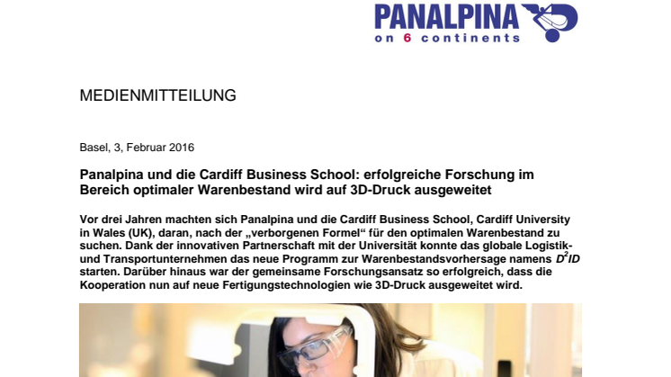 Panalpina und die Cardiff Business School: erfolgreiche Forschung im Bereich optimaler Warenbestand wird auf 3D-Druck ausgeweitet