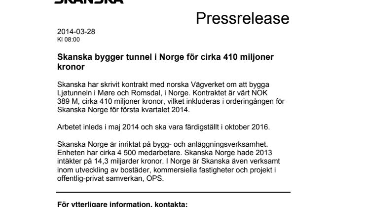 Skanska bygger tunnel i Norge för cirka 410 miljoner kronor
