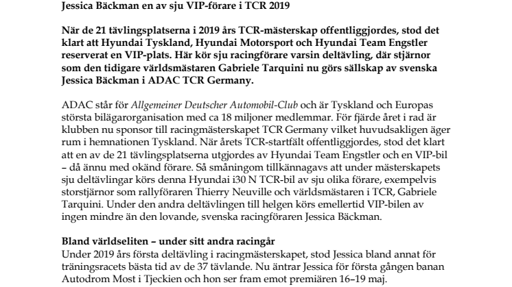 Jessica Bäckman en av sju VIP-förare i TCR 2019 
