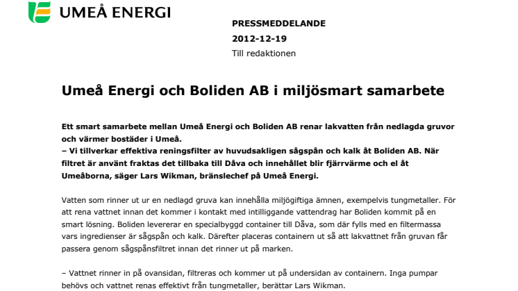 Umeå Energi och Boliden AB i miljösmart samarbete