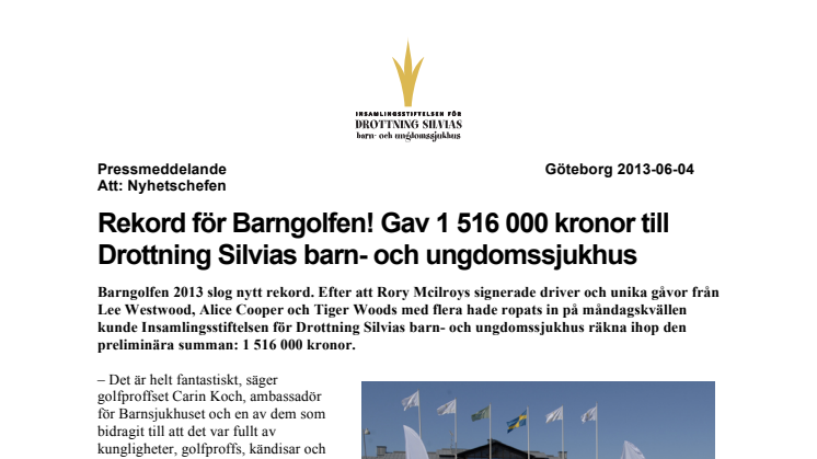 Rekord för Barngolfen! Gav 1 516 000 kronor till Drottning Silvias barn- och ungdomssjukhus