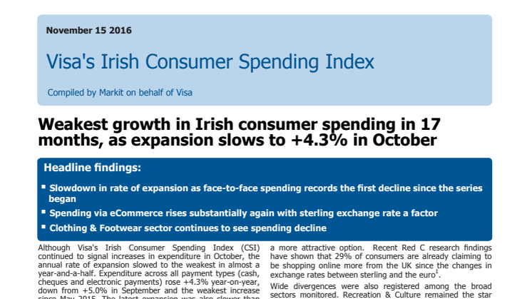 Weakest growth in Irish consumer spending in 17 months, as expansion slows to +4.3% in October