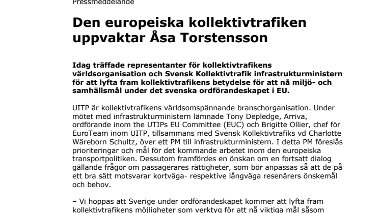 Den europeiska kollektivtrafiken uppvaktar Åsa Torstensson