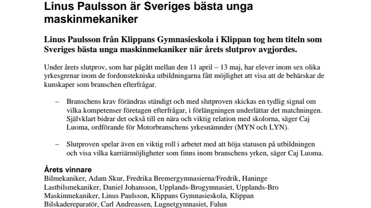 Linus Paulsson är Sveriges bästa unga maskinmekaniker