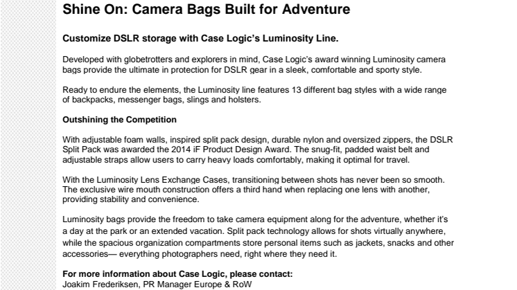 Case Logic Luminosity - Shine On: Camera Bags Built for Adventure 