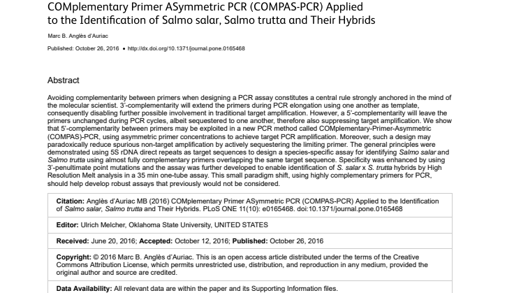 COMplementary Primer ASymmetric PCR (COMPAS-PCR) Applied to the Identification of Salmo salar, Salmo trutta and Their Hybrids