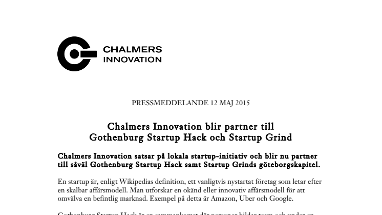 Chalmers Innovation blir partner till Gothenburg Startup Hack och Startup Grind