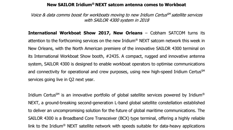 Cobham SATCOM - IWBS 2017: New SAILOR Iridium® NEXT satcom antenna comes to Workboat